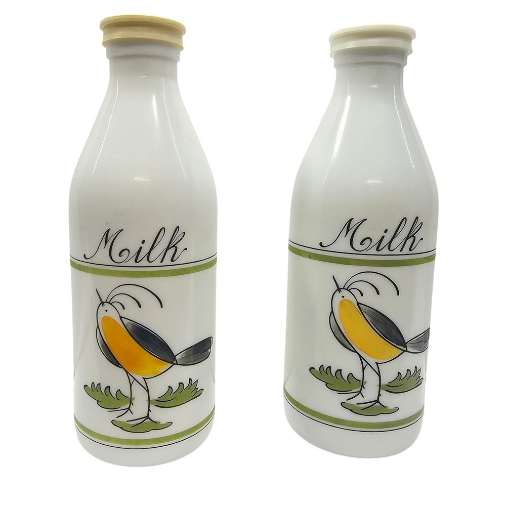 Vintage Milk Glass Bottles Set of 2 Bird Motif Farmhouse Decor White Green